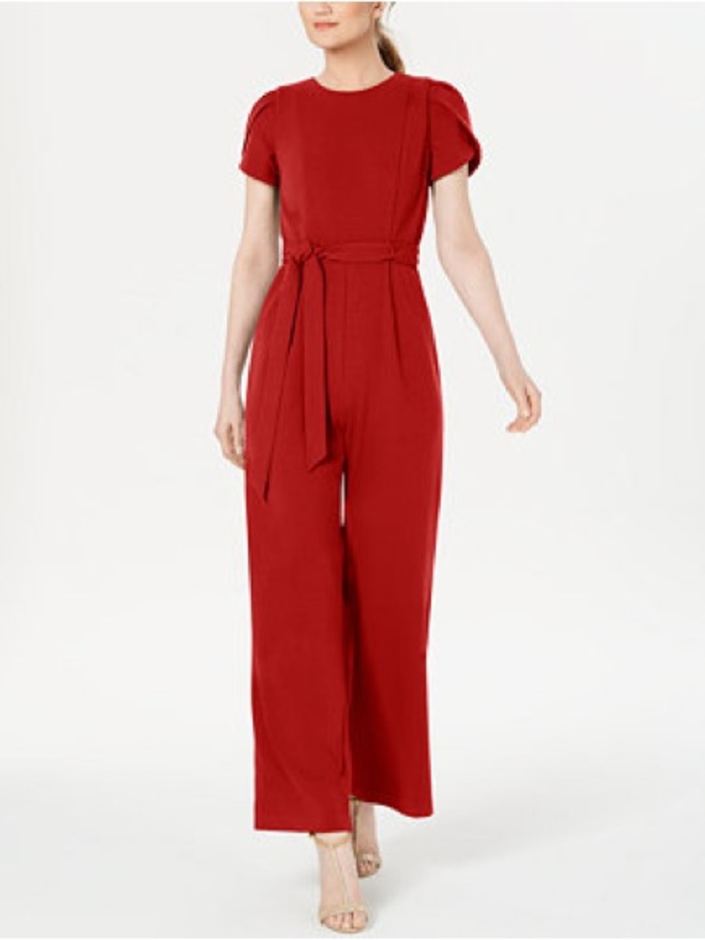 Calvin Klein Womens Red Tulip Sleeve Belted Jumpsuit